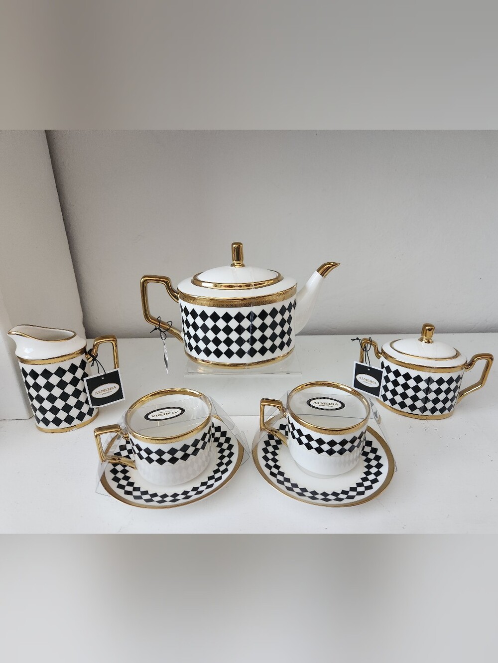 Almeria Collection Black & White Check Harlequin Porcelain Tea Set - Gold Trim